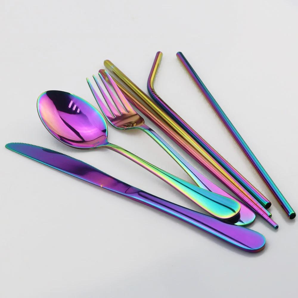 Travel Hiking Portable Dinnerware Set with Pouch Reusable Stainless Steel Straw Cutlery Knife Spoon Fork Chopsticks Silverware