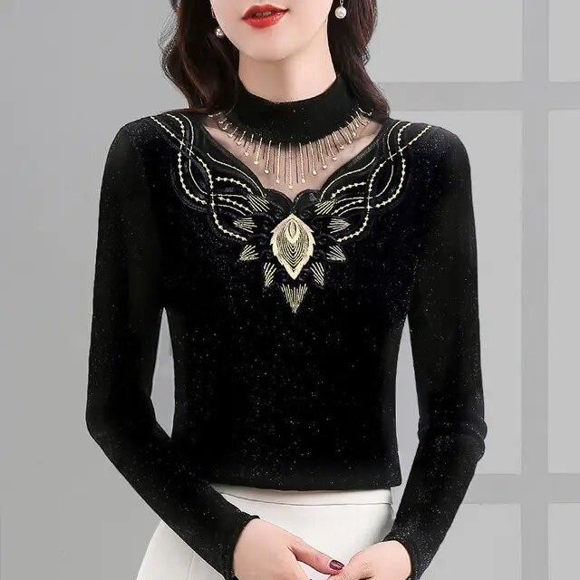 Toamnă Iarnă Tricouri noi din dantelă Cămașă cu jumătate de guler înalt pentru femei Pulovere cu mânecă lungă Top M-5XL