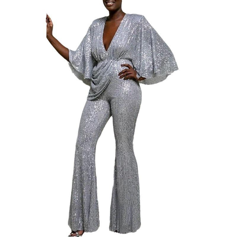 2025 new women's clothing, sequined sexy deep V backless jumpsuit trousers
