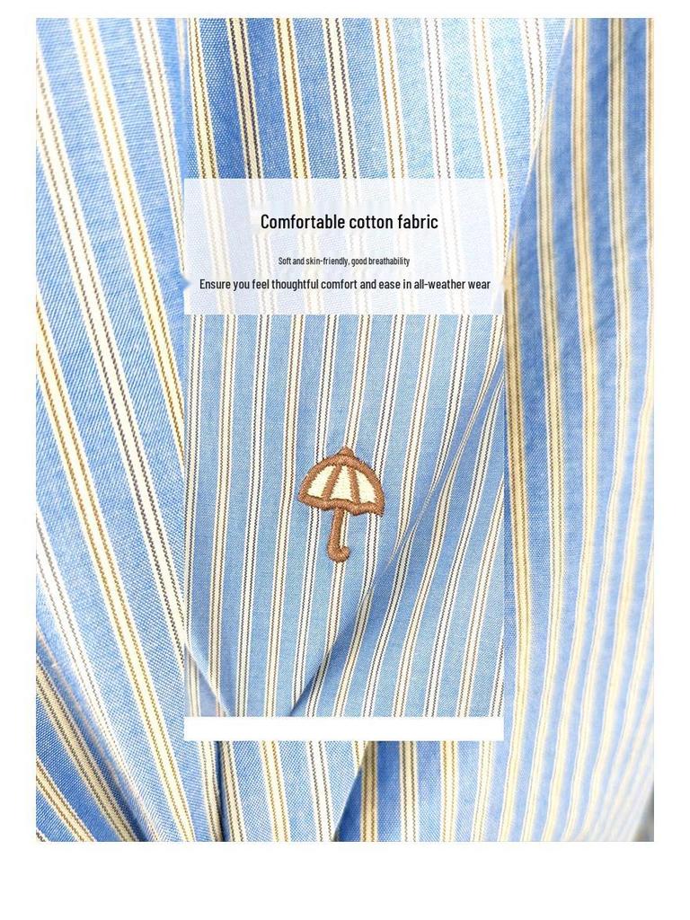 Women's Blue Striped French Vintage Loose Cotton Shirt, Versatile Long Sleeve for Spring & Autumn