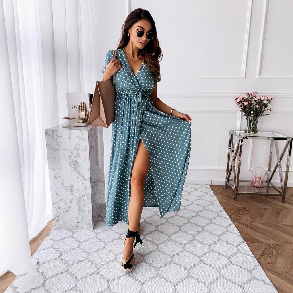 Summer short-sleeved V-neck bohemian polka dot print dress long dress temperament