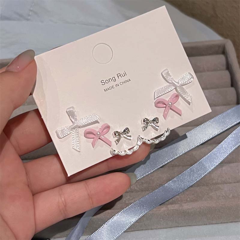 6 Stück/Set Koreanische Rosa Schleife Schleifenknoten Geformte Perlenstecker Set für Damen Süße Perlen Herz Anhänger Ohrring Zirkon Geschenke