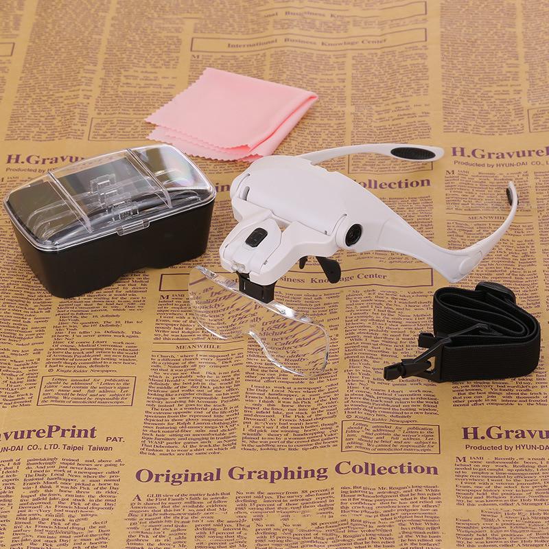 2-LED Visor Magnifier Glasses Magnifying Glass Repair Jeweler Magnifier 5 Replaceable Lens Headband