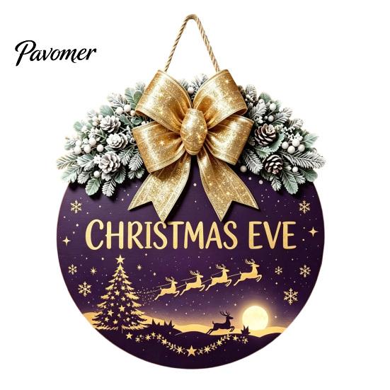Indoor Outdoor Porch Ornament Christmas Wooden Welcome Sign for Front Door, Round Hanging with Handmade Craft Artificial Pine Branches & Bow