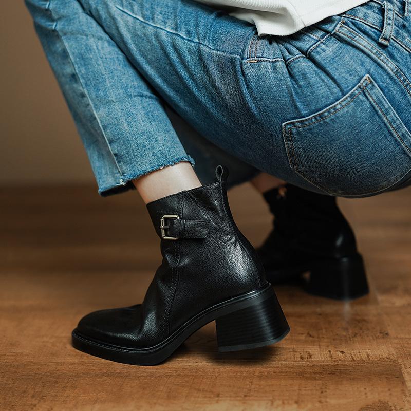 French retro square head medium heel thick heel belt buckle short boots femininity side zipper British retro and ankle boots
