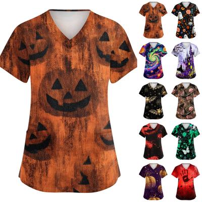 Women V Neck Short Sleeve Work Shirt with Pocket Halloween Printed Top for Nurse Healthcare Uniform Scrub Top