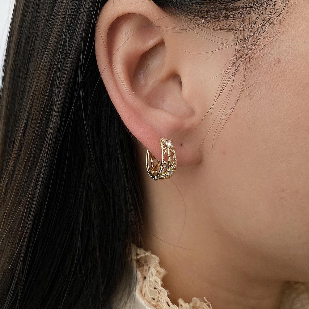 Cercei cu cerc de nuntă, de lux, pavat, de culoare aurie, cu model retro de flori, pentru femei, cadou de bijuterii de petrecere