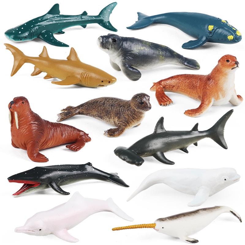 Mini Marine Animal Set: Manta Ray, Tiger Shark, Crab, Blue Whale, Megalodon Models