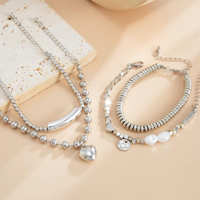 Stylish Stretch Comfort Fit Simulated Pearls Bead Bracelet Featuring Heart Charm for Gift and Fashion Accessory