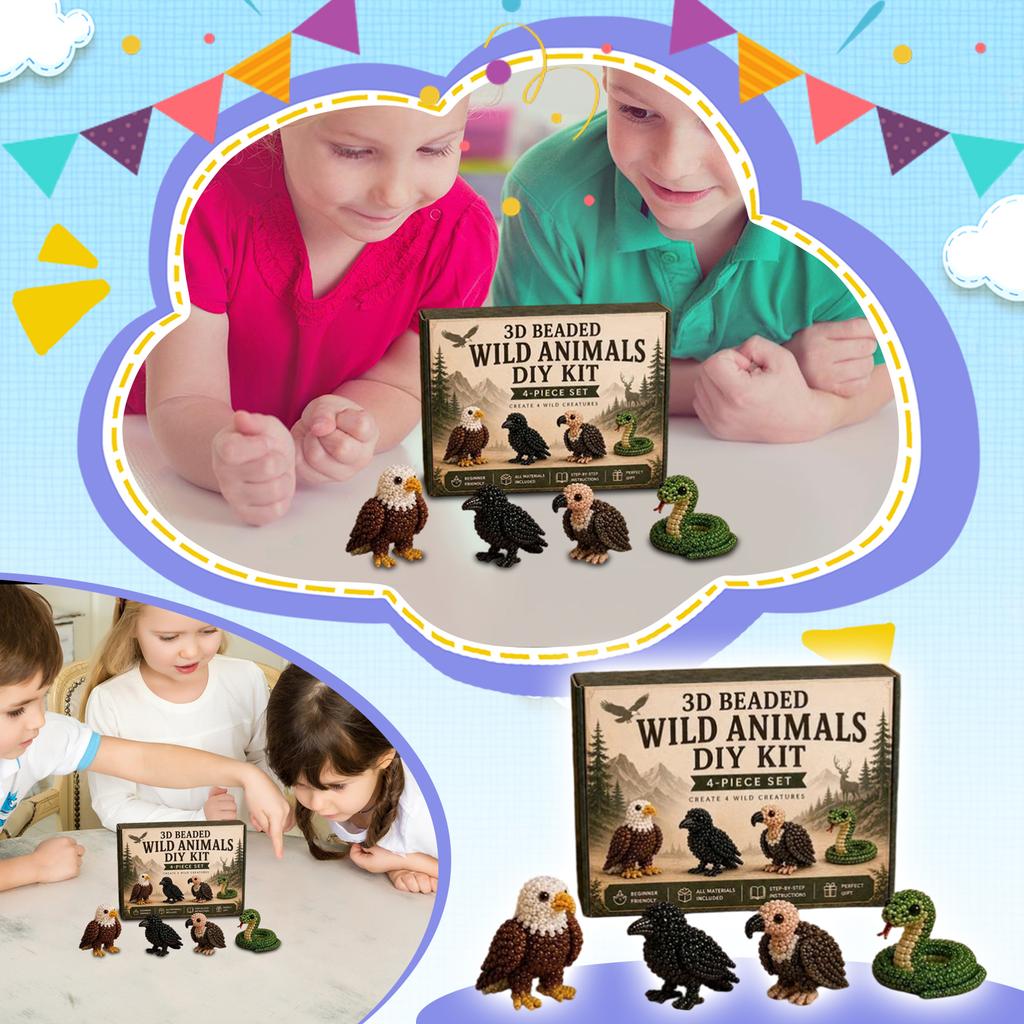 3D Perlen-Tier-Set DIY Tiere Set Enthält Materialien und Anleitungen zur Herstellung von vier Tierfiguren Geeignet für Anfänger und Hobbybastler