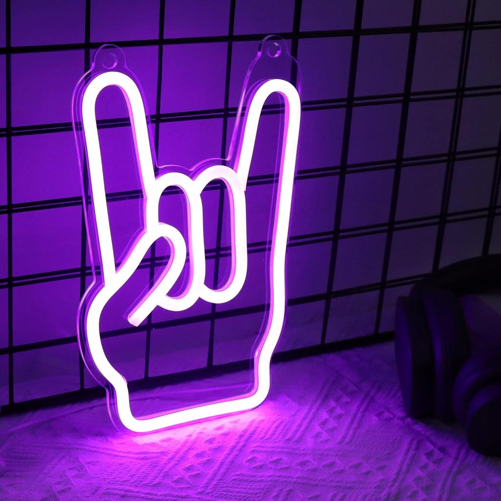 Attivolife Rock Hand Shaped Neon Light, Gamer Wall Decor LED Purple Neon Signs, USB Powered for Bar Christmas Birthday Home Party Gifts