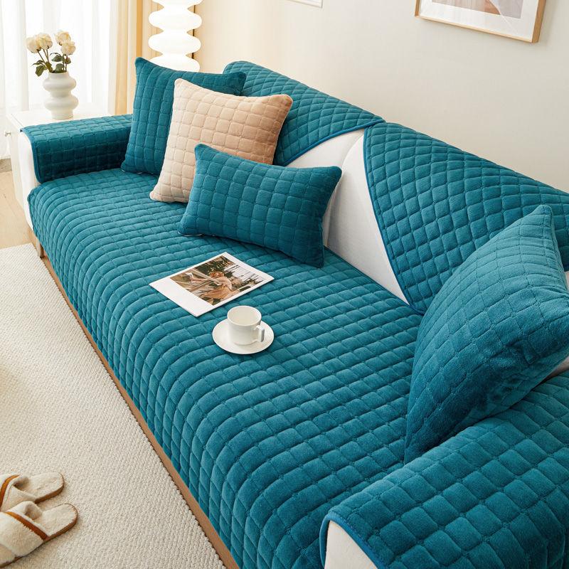 Plyšová kostkovaná pohovka Polštář Neklouzavý zesílený Univerzální potah na pohovku do obývacího pokoje zesílený teplý pohovka zadní kryt područky ručník