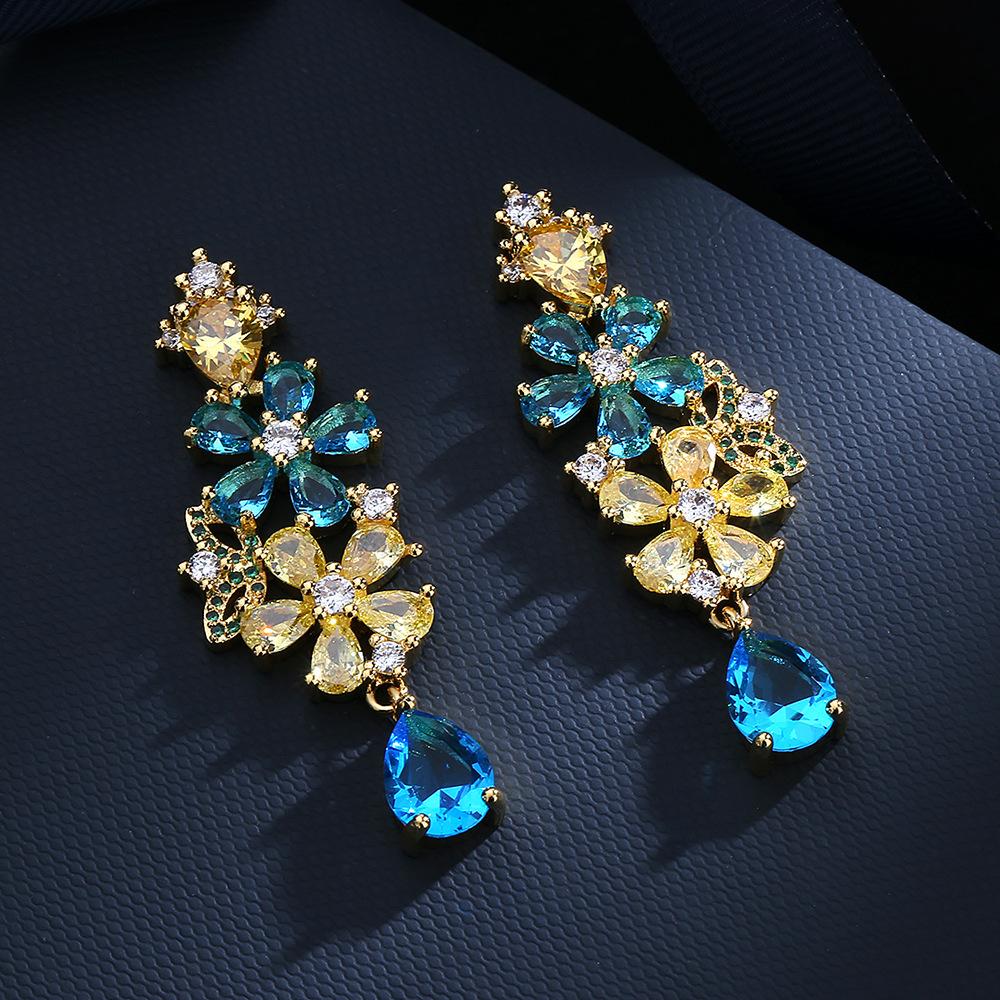 Bohemian colorful zircon flower earrings  silver needle fashion heavy industry new personality earrings female