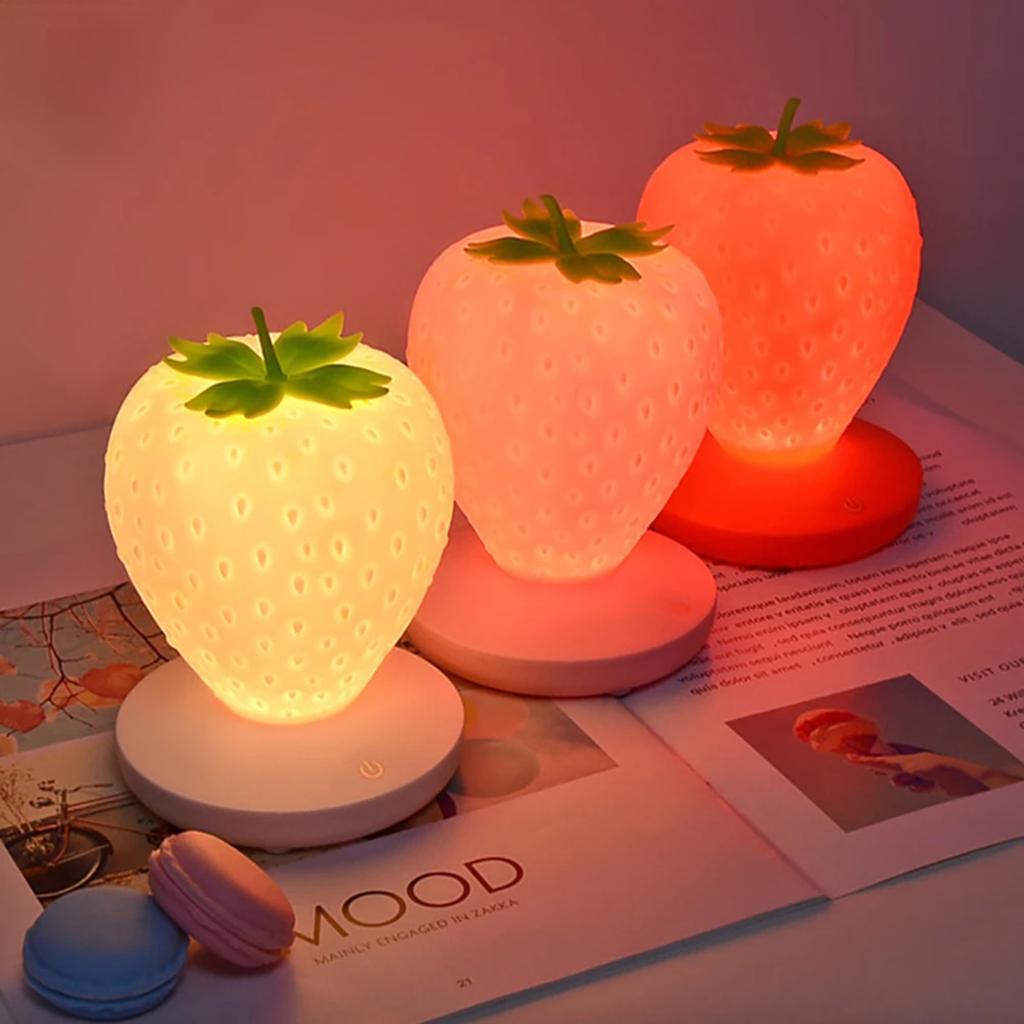 New LED Strawberry Lamp  Bedroom Silicon Touch-Sensor USB Rechargeable Dimmable  Bedside Night Light  House Decoration