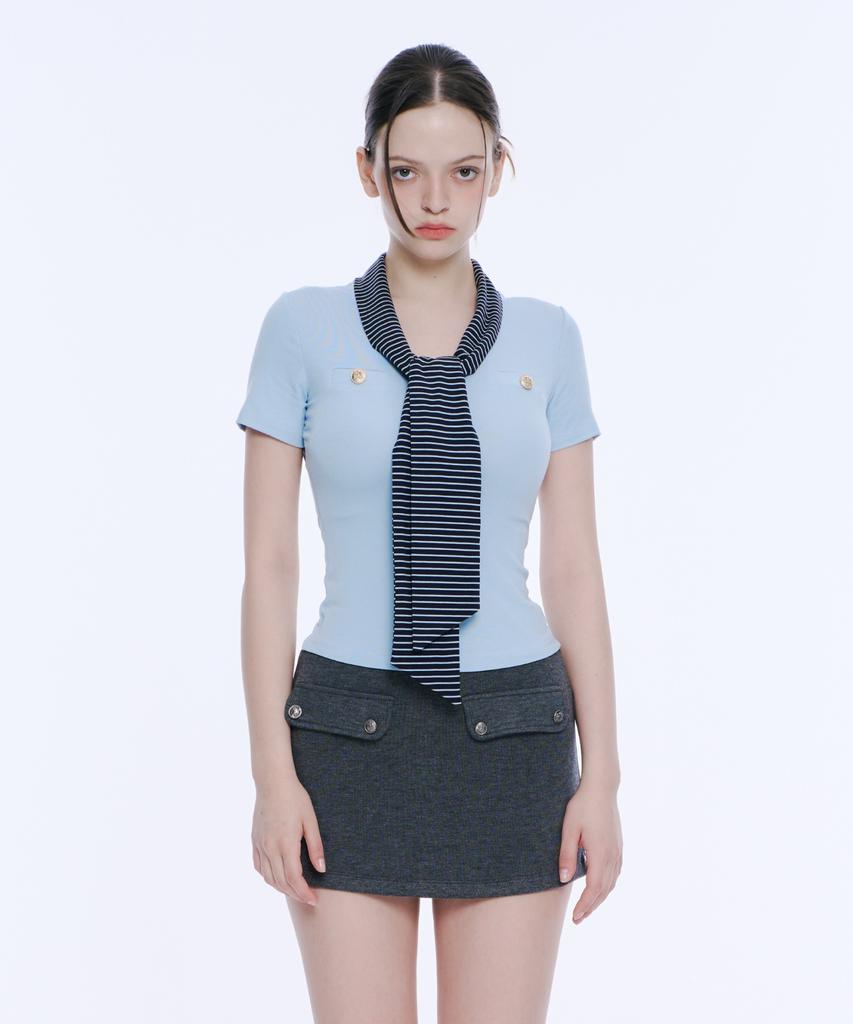 Akeumeseodeu Scarf Detail Button Tee (Blue)