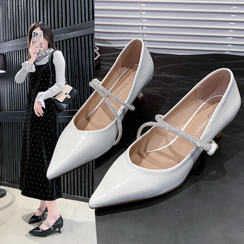 Fashion French Rhinestone Temperament Single Shoe Women Black Pointed Thin Heel Shallow High-heeled Shoes Luxury Zapatos De Mujer