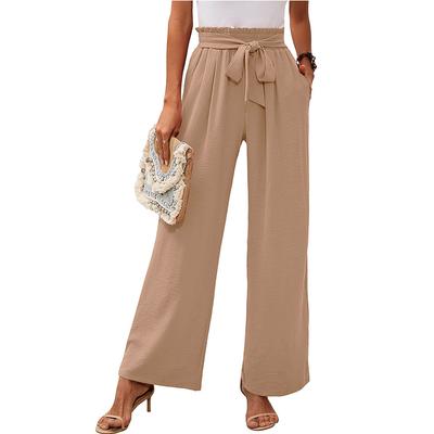 Summer Women's Pants with Pockets, High Waist, Adjustable Knotted, Commuting Wide-leg Pants, Casual Pants