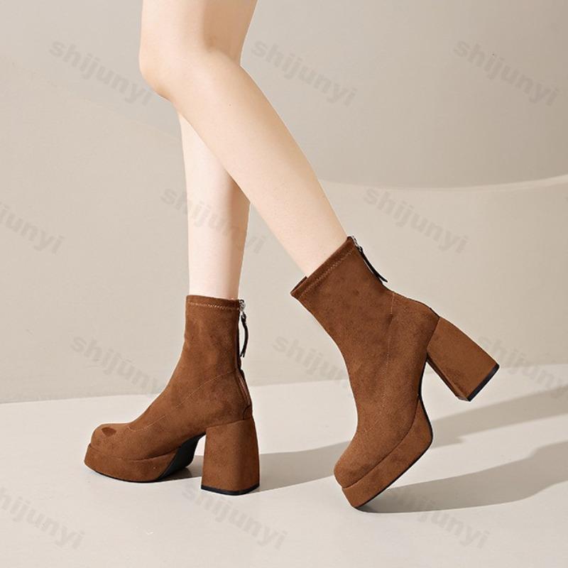 Fashion Women's Fashion Retro Suede Thick Soled High-heeled Boots 2025 Autumn New Back Zipper Design Comfortable Square Head Ankle Boots
