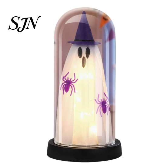 Atmosphere Lamp for Home Indoor Light Up Ghost In Dome Cloche, Halloween Cute Witch Decorative Glowing Figurine Table with LED Kitchen Mantel Tabletop
