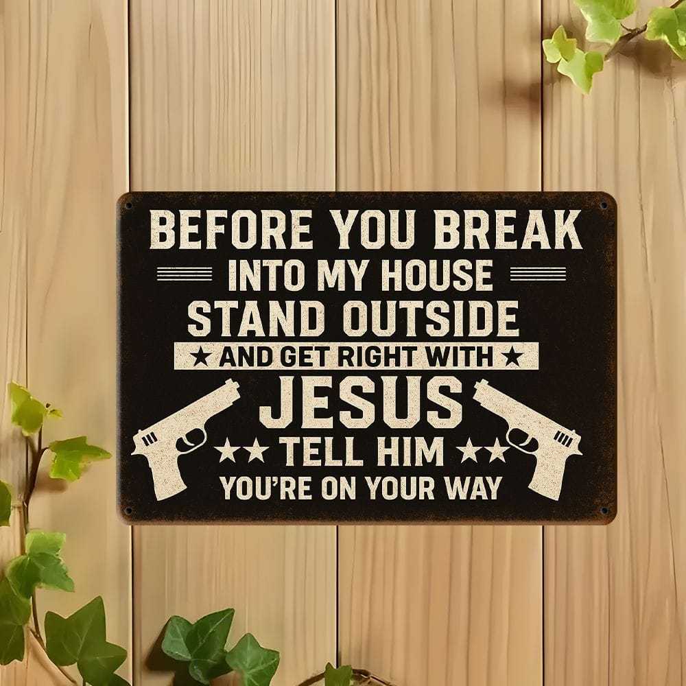 Vintage Gun Humor Sign - Rustic "No Trespassing" Metal Decor for Collector Spaces
