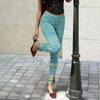 Women's Slim Pants with Retro Floral Print and Side Slit Design - Black