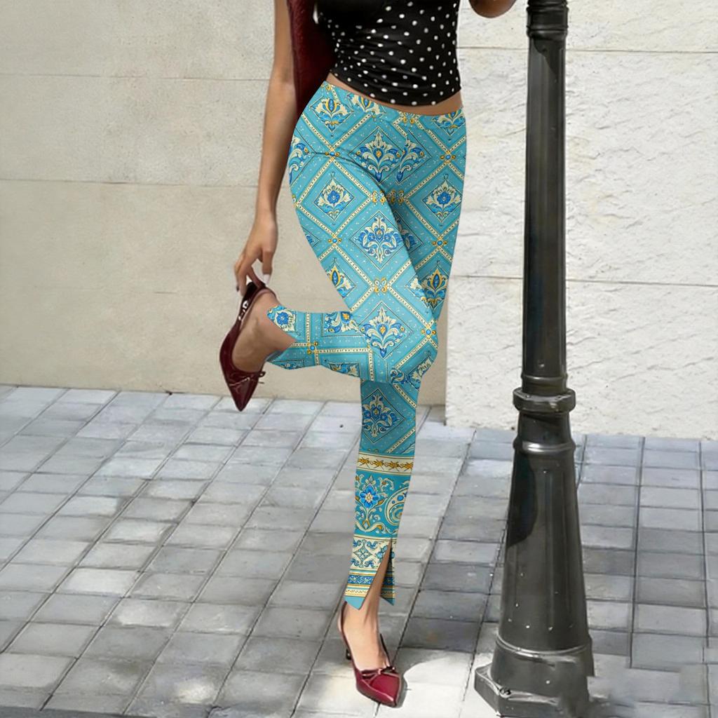 Women's Slim Pants with Retro Floral Print and Side Slit Design - Black