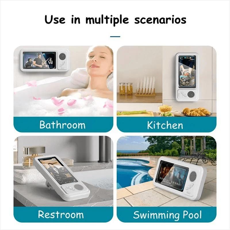 Shower Phone Holder with Bluetooth Speaker IPX4 Waterproof Anti-Fog Touch Screen Wall Mount Phone Holder for Shower Bathroom