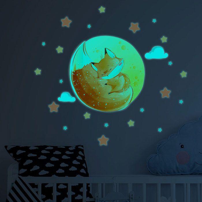 Sticker phosphorescent lumineux - RENARD RÊVEUR + 50 ÉTOILES - Autocollant mural plafond enfant fluorescent - 30x40cm