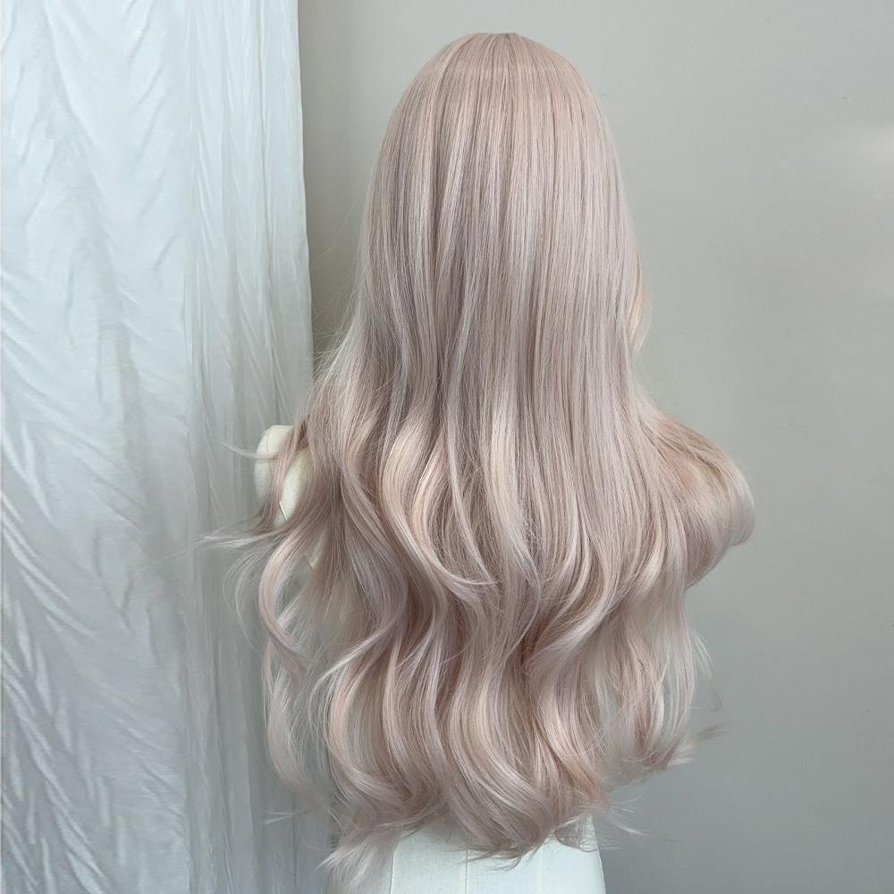 Women's Grey Pink Long Curly Synthetic Wig With Bangs Natural Long-Smooth Heat Resistant Wavy Wig For Cosplay Daily Wear