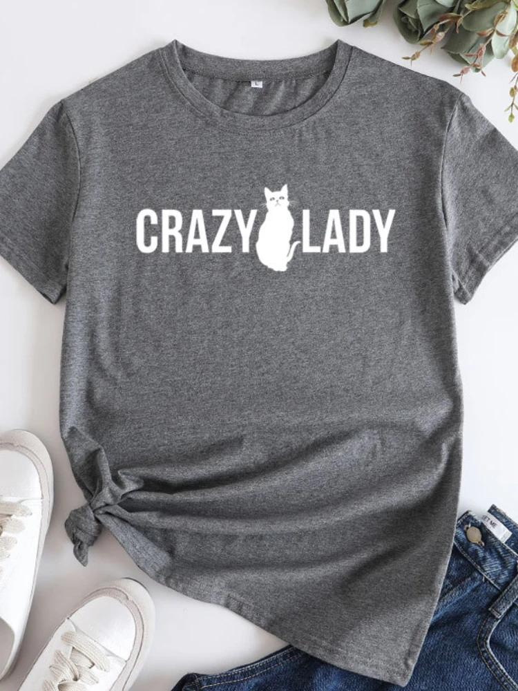 Crazy Lady Cat Print Women T Shirt Short Sleeve O Neck Loose Women Tshirt Ladies Tee Shirt Tops Camisetas Mujer