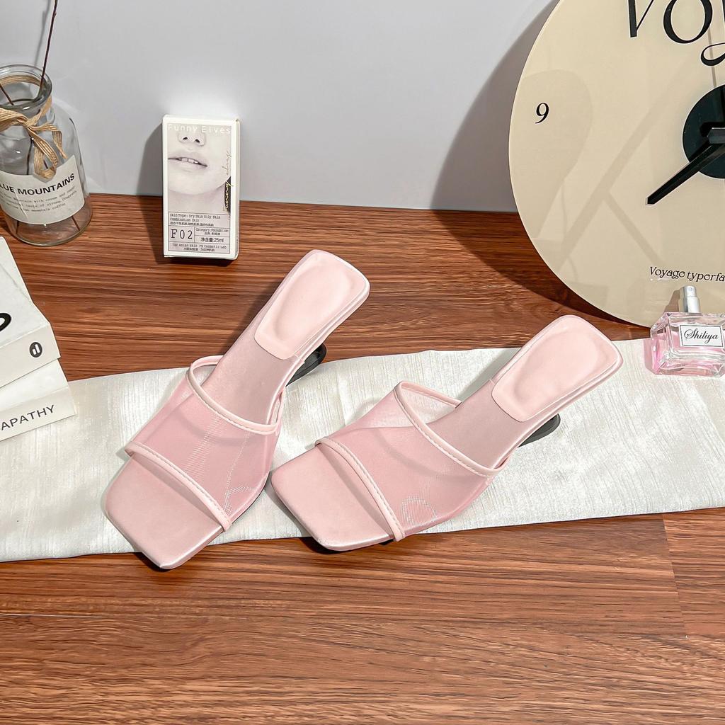 Summer new high-heeled cool slippers girl 2025 wear high-end fairy wind breathable word with mesh sandals woman