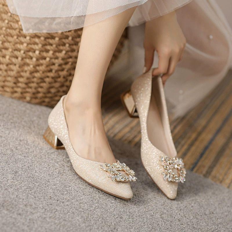 French Pointed Head Shallow Mouth Women's Single Shoes, New Low-heeled Bride Shoes, High-end Feeling, Not Tired Feet, Thick Heel Single Shoes Women