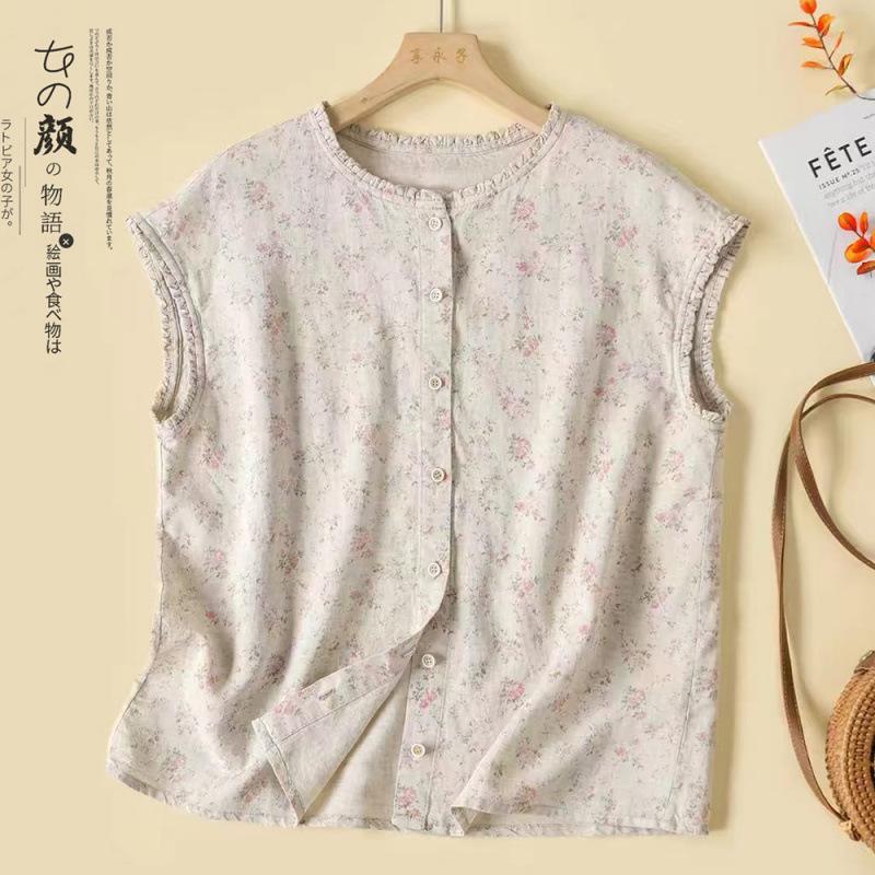 

2026 Vintage-Style Printed Cotton & Linen Plus Size Ruffle T-Shirt Large