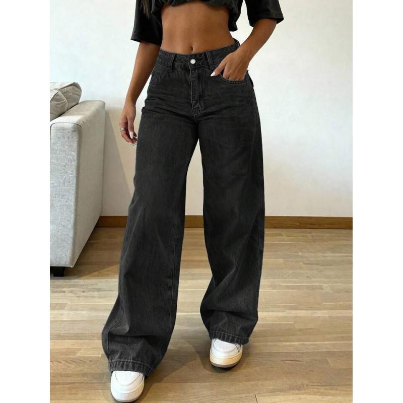 2026 High-Waisted Wide-Leg Straight Cut Denim Pants Women Water Washed Cotton Blend Loose Fit