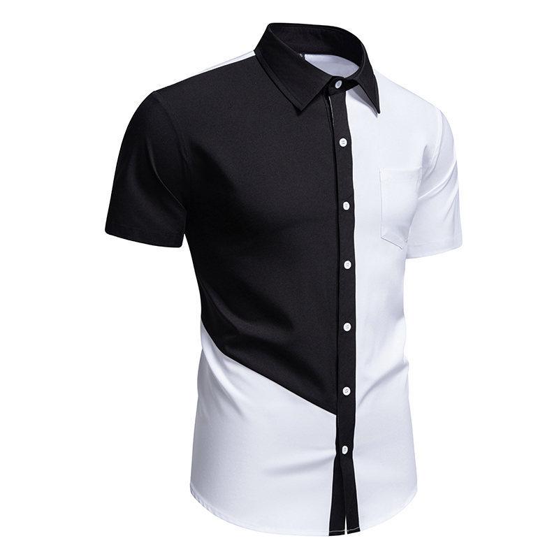 Men's Asymmetric Color Block Short Sleeve Button Down Shirt Black White Breathable Casual Business Tops