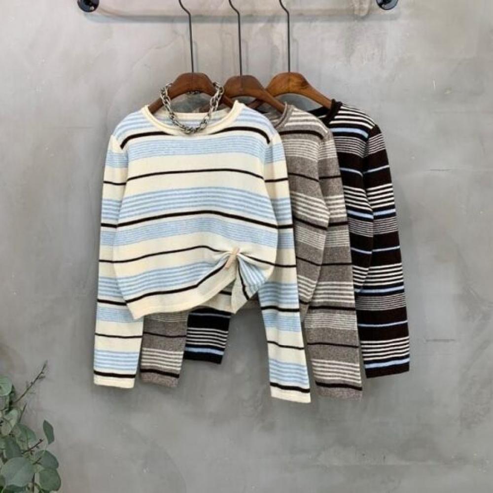 C S In The Room Mara Wool Stripe Semi Crop Long Sleeve Knit 3 ColorS