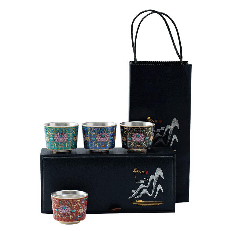 Enamel Crane 999 Pure Silver Inner Liner Tasting Kung Fu Tea Cup Gift Box Set Can Be Gold Stamped with LOGO