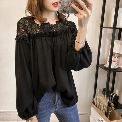 Neues großes Langarm-T-Shirt, modisches Haken-Blumen-Hohl-Splice-Chiffon-Top für Damen