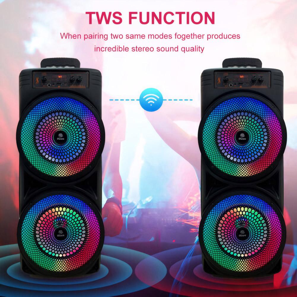 BT Outdoor Portable Wireless Speaker with Double Subwoofer Deep Bass RGB Lights 2400mAh Support USB/TF/AUX/FM/BT/MIC for Party