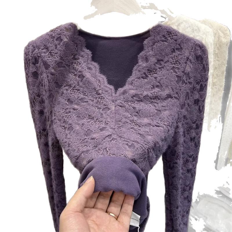 Chic V-Neck Lace Velvet Layered Top for Women - Trendy Autumn/Winter 2025