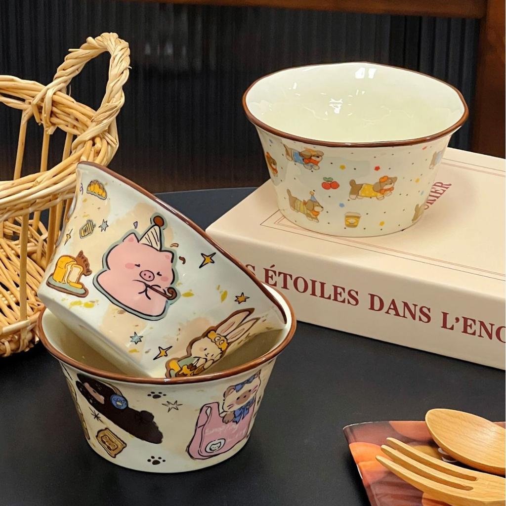Ins Style Ceramic Household Hat Bowl High Value Cute Girl Rice Bowl Tableware Cartoon Breakfast Dessert Salad Bowl
