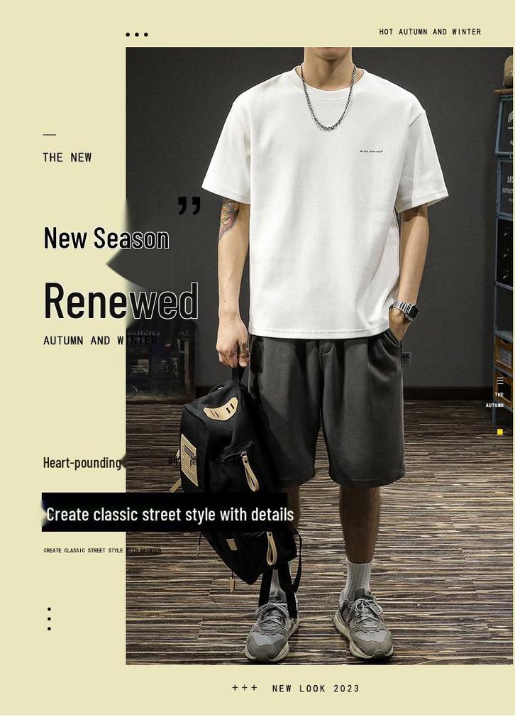 2025 Men's Summer Heavyweight Drop Shoulder T-Shirt - Trendy American Style Casual Solid Color Half Sleeve Top