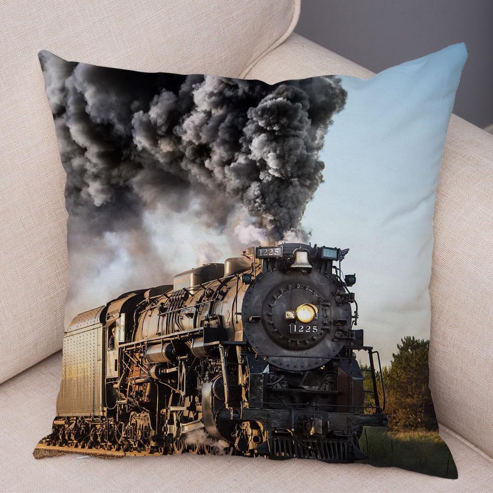 Vintage Style Steam Train Pillow Case Decor Retro Colorful Car Cushion Cover Super Soft Plush Pillowcase for Sofa Home Xcm