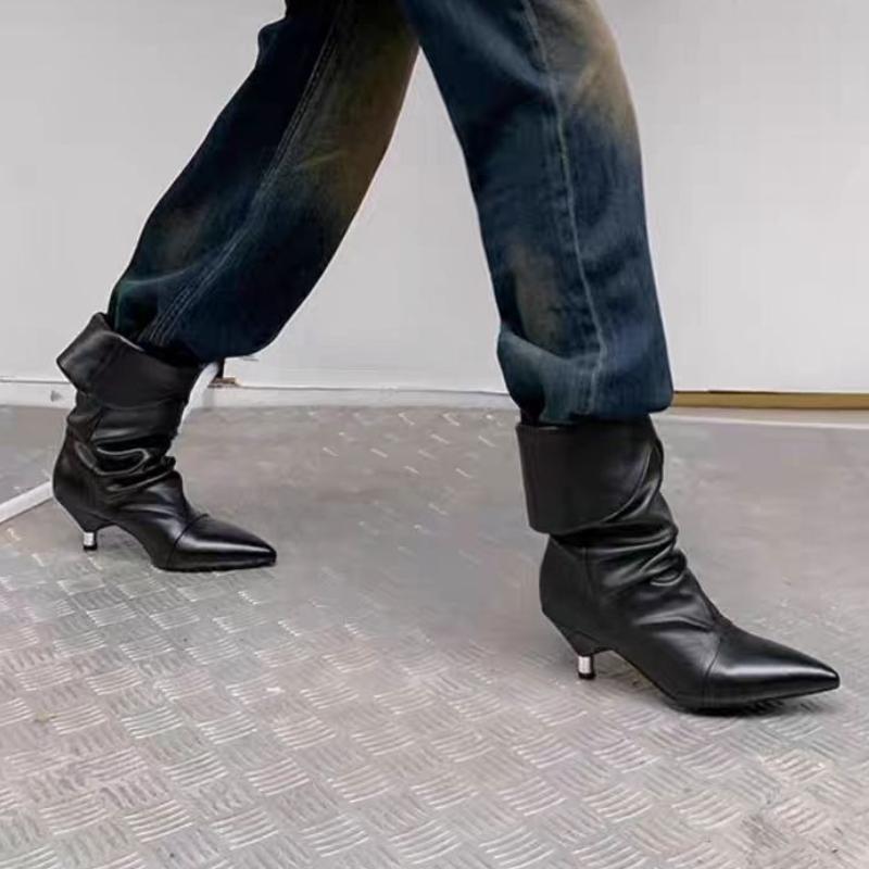 Fashion Designer 2025 New Women Ankle Boots Pleated Pointed Toe High Heels Shoes Sexy Dress Party Winter Goth Fashion Boots Woman Pumps