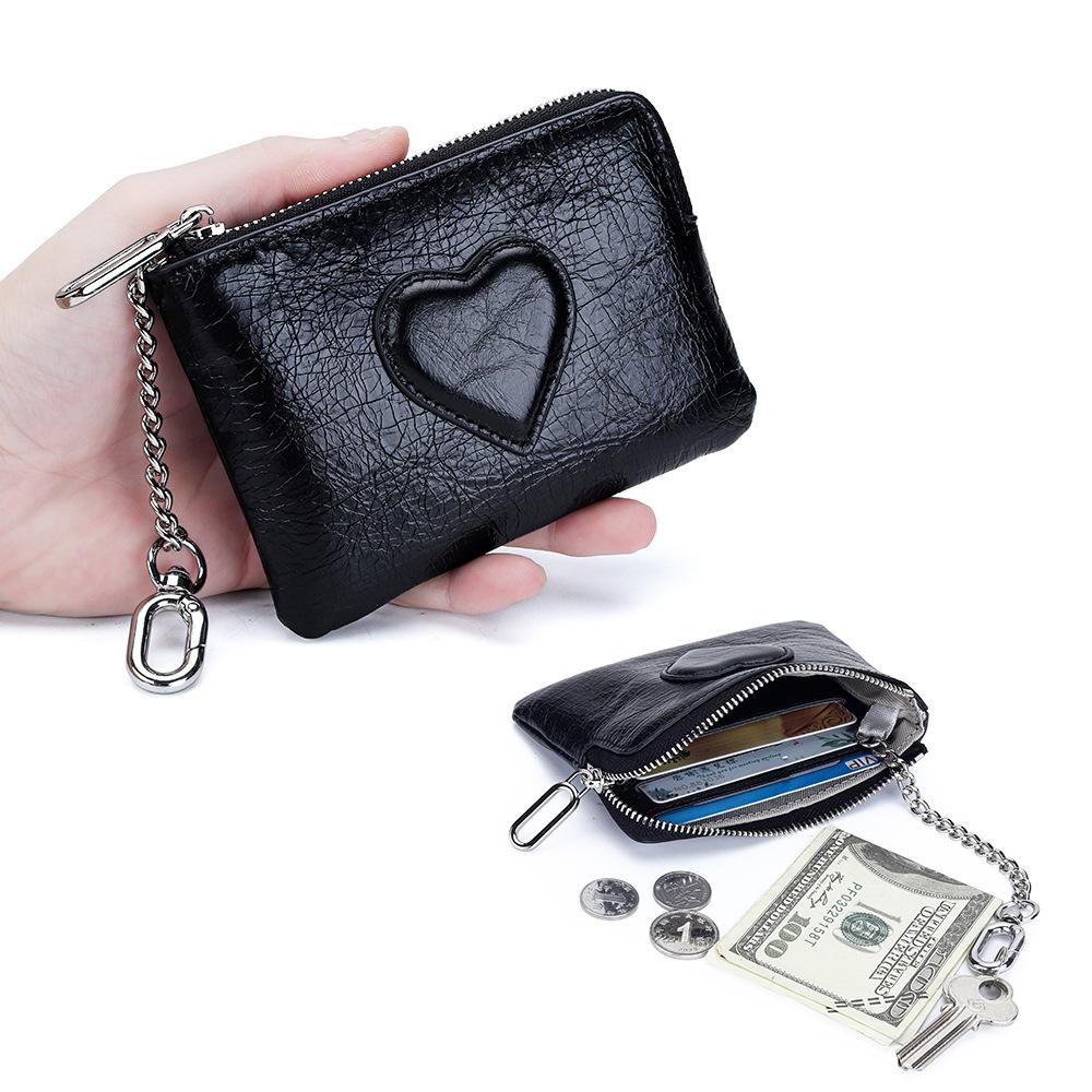 Women's Leather Coin Purse with KeyChain Small Zipper Heart pattern Change Pouch for Women Wallet Hanging Buckle Coin holders