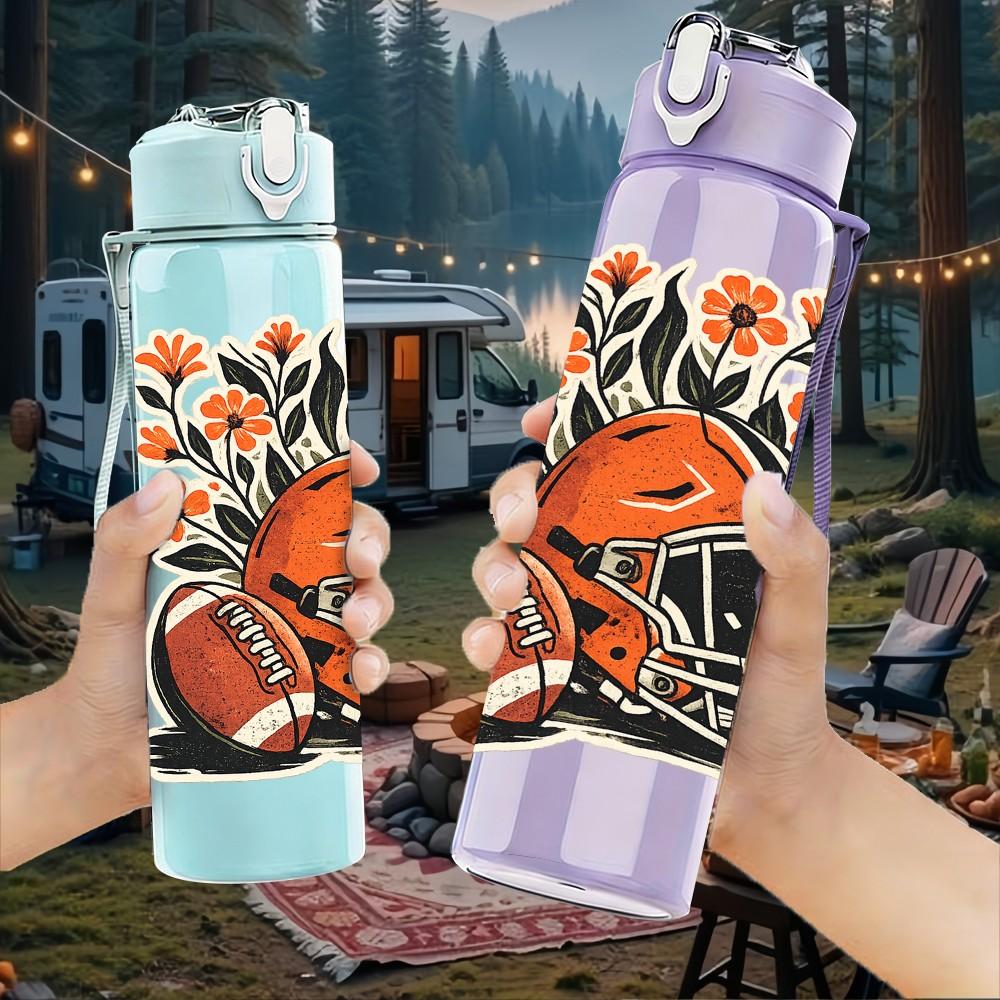 1PC American Football Floral Art Print 750ml Color Plastic Sports Water Bottle Leakproof Flip Straw Lid Suitable for Sports Office Home Use