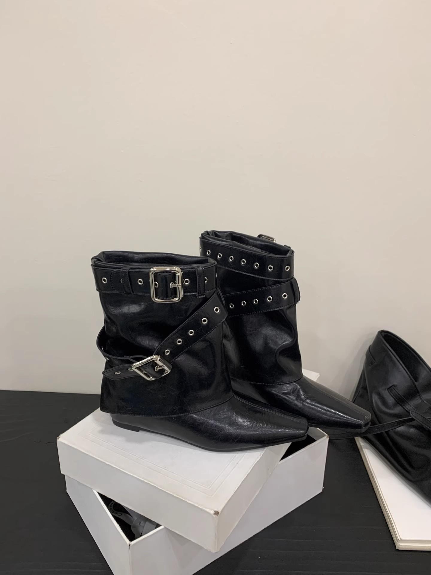 

2025 осень и зима новые остроносые ботинки-вестерны с заклепками женские ботильоны до колена ботинки-брюки с ремнем и пряжкой толстый каблук тонкие ботинки 39 чёрный