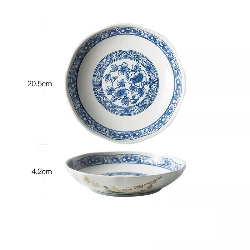 BEPAN 1PC Chinese Retro Blue and White Ceramic Plates Hand-Painted Bowl Set Deep Dishes Tableware for Home Kitchen and Commercial Use