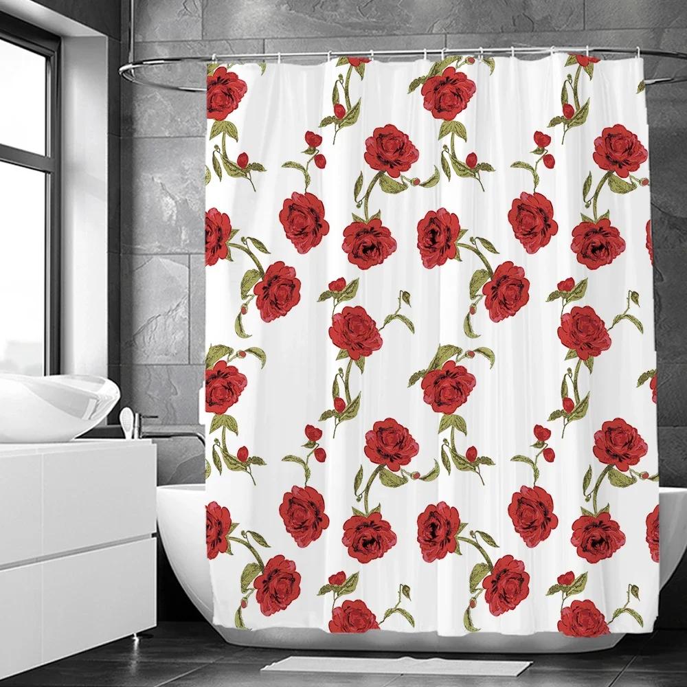 Elegant Floral Flowers Retro Rose Shower Curtain Polyester Bath Curtain Bathroom Decor Washable With Hook