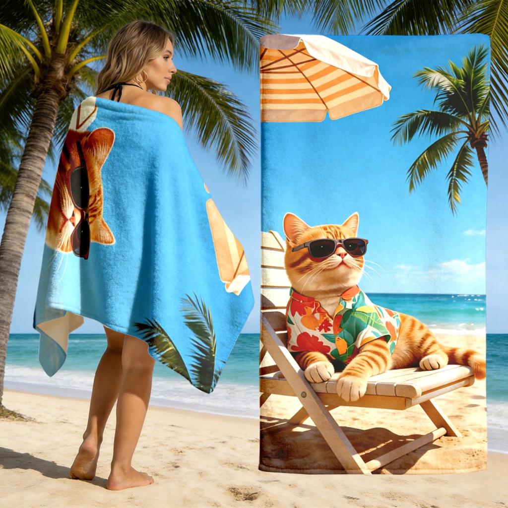 Cat Print Hawaiian Beach Towel Unisex Absorbent Portable For Beach Pool Gym Camping Diving Surfing Summer Essential Gift